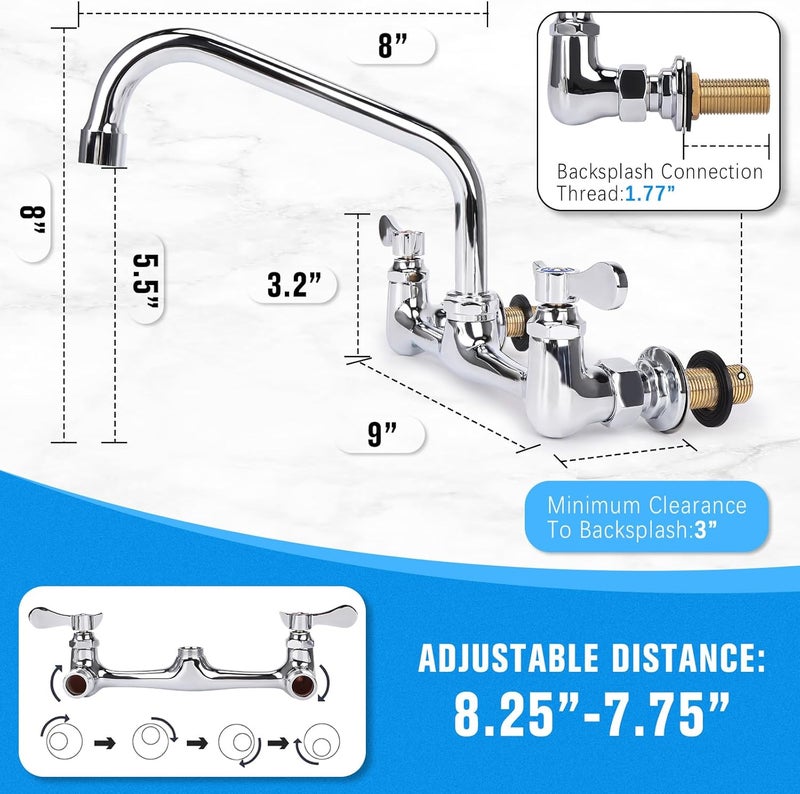 Bietor Wall Mount Kitchen Faucet 8" Center Commercial Sink Faucet with 8" Swivel Spout Dual Handles Brass Utility Sink Faucet for Laundry Room Restaurant Polish Chrome - Image 2